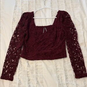 Anthropologie Burgundy Lace Long-Sleeve Square-Neck Top